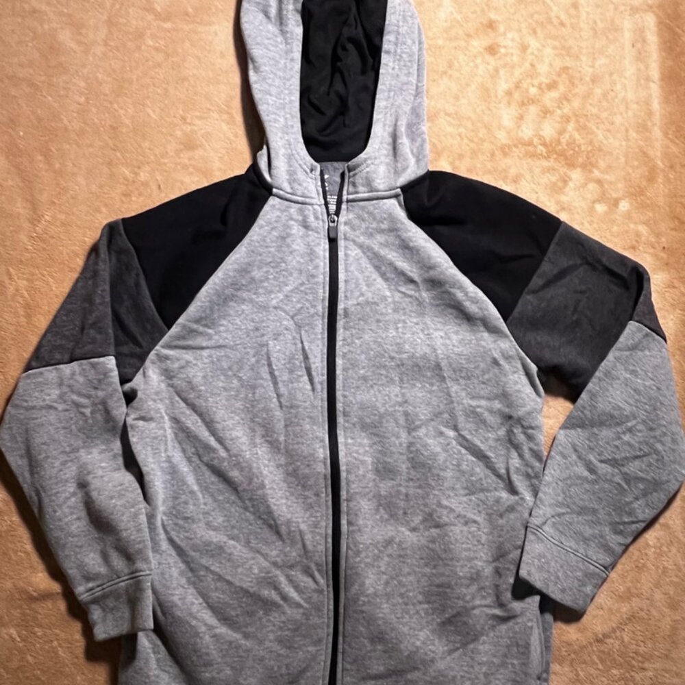 Xersion Youth Boy Large (14/16)‎ Gray Black Hooded Full Zipper Fleece Jacket